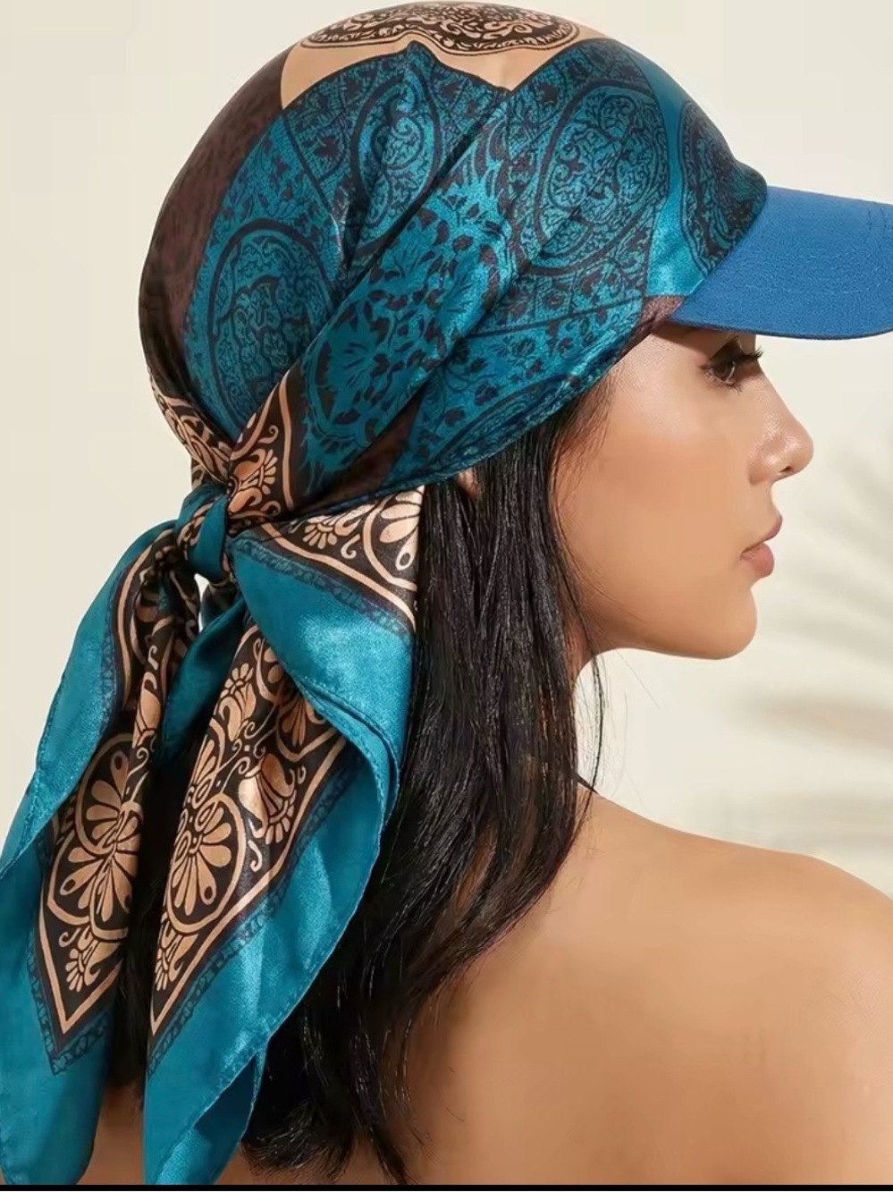 Teal and Brown Patterned Satin Head Scarf
